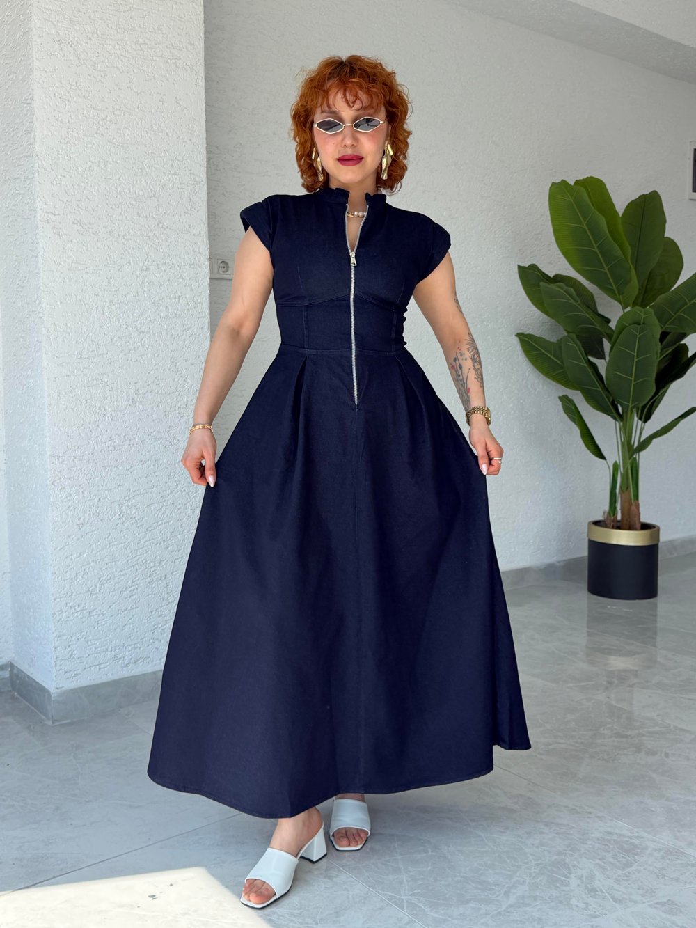 Premium Trend Vatkalı Fermuar Detaylı Denim Kot Elbise