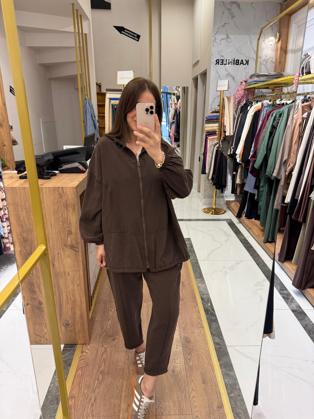 KESİK DETAYLI BOMBER TAKIM KAHVE