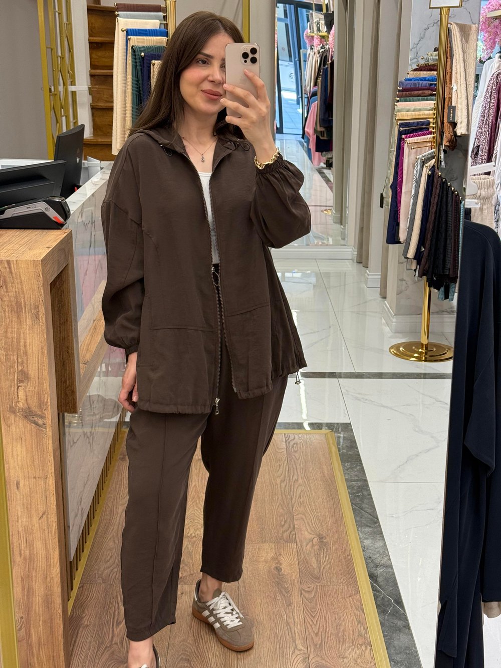 KESİK DETAYLI BOMBER TAKIM KAHVE