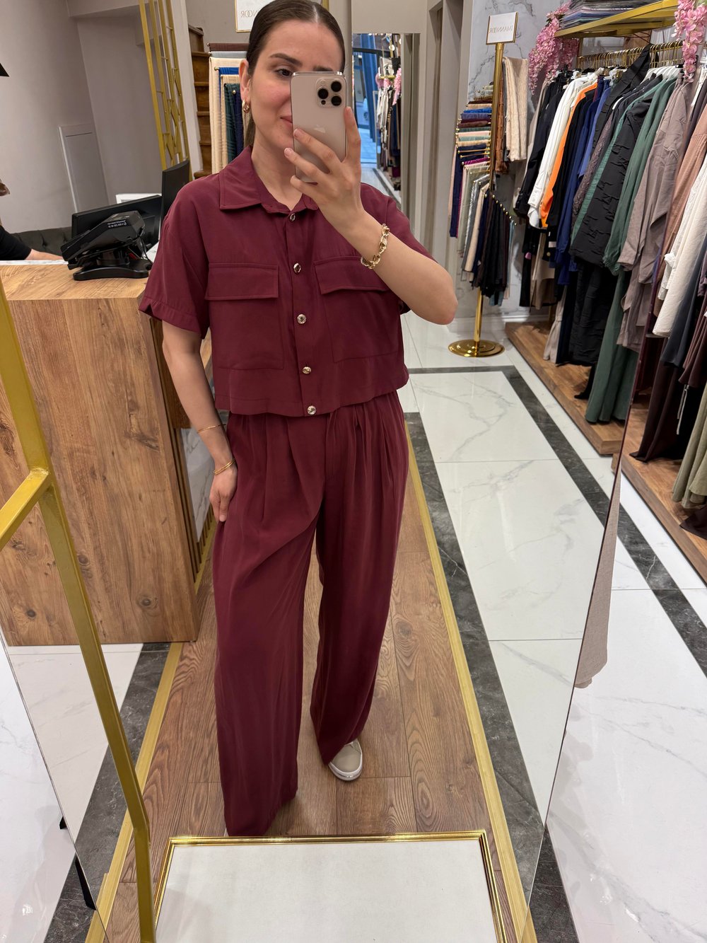 TENCEL CROP GÖMLEKLİ TAKIM BORDO