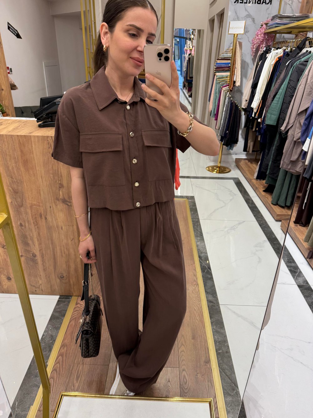 TENCEL CROP GÖMLEKLİ TAKIM KAHVE