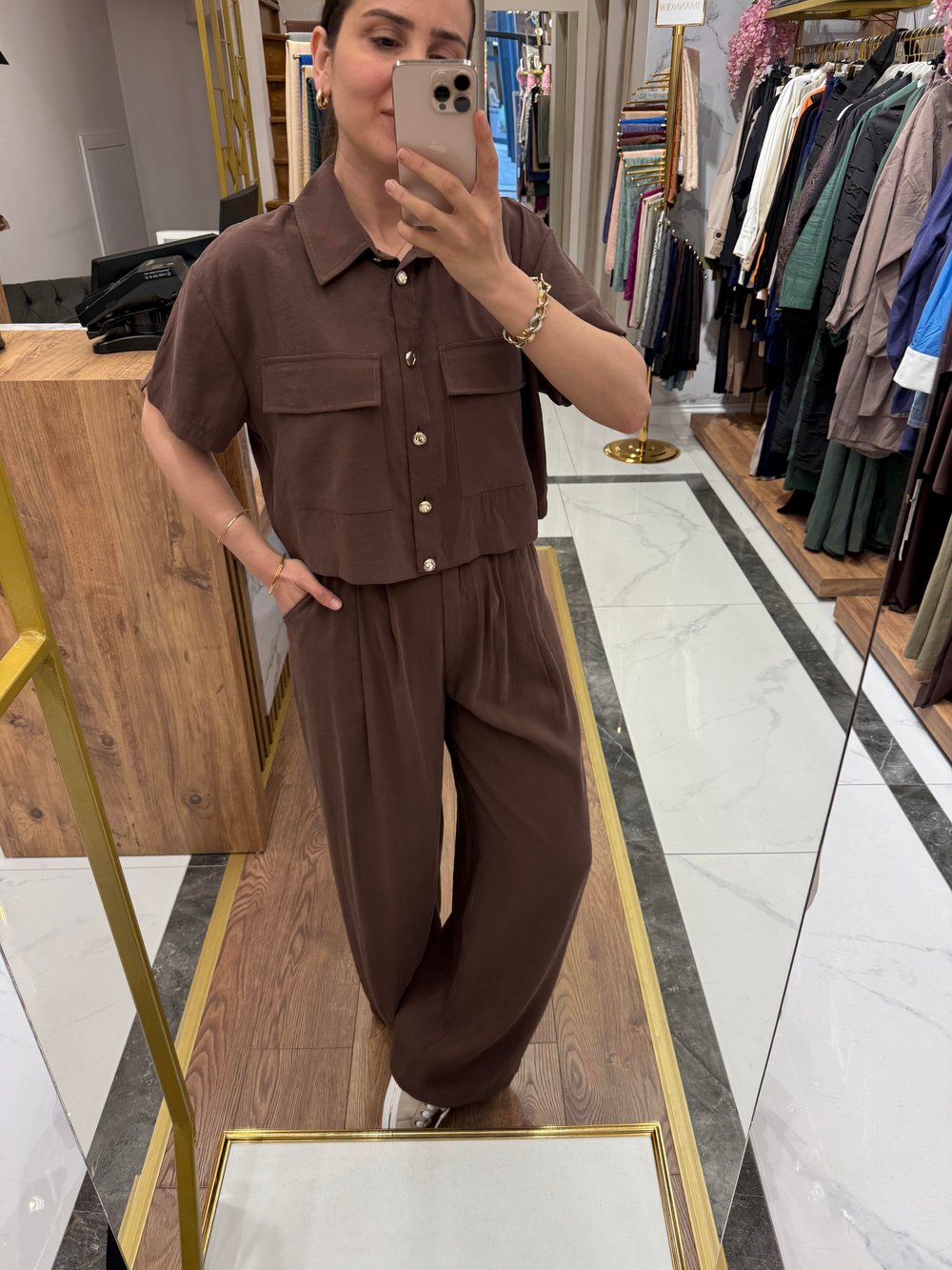TENCEL CROP GÖMLEKLİ TAKIM KAHVE