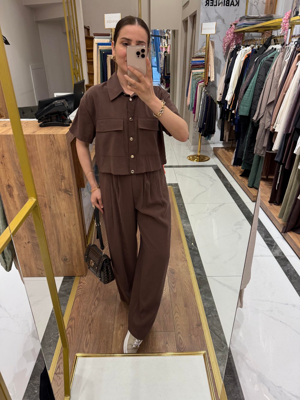 TENCEL CROP GÖMLEKLİ TAKIM KAHVE