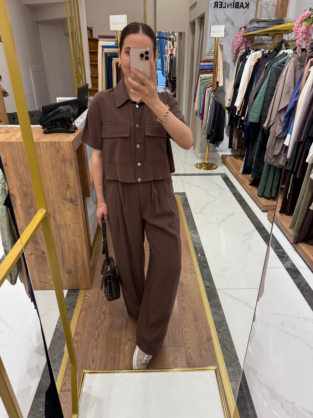 TENCEL CROP GÖMLEKLİ TAKIM KAHVE