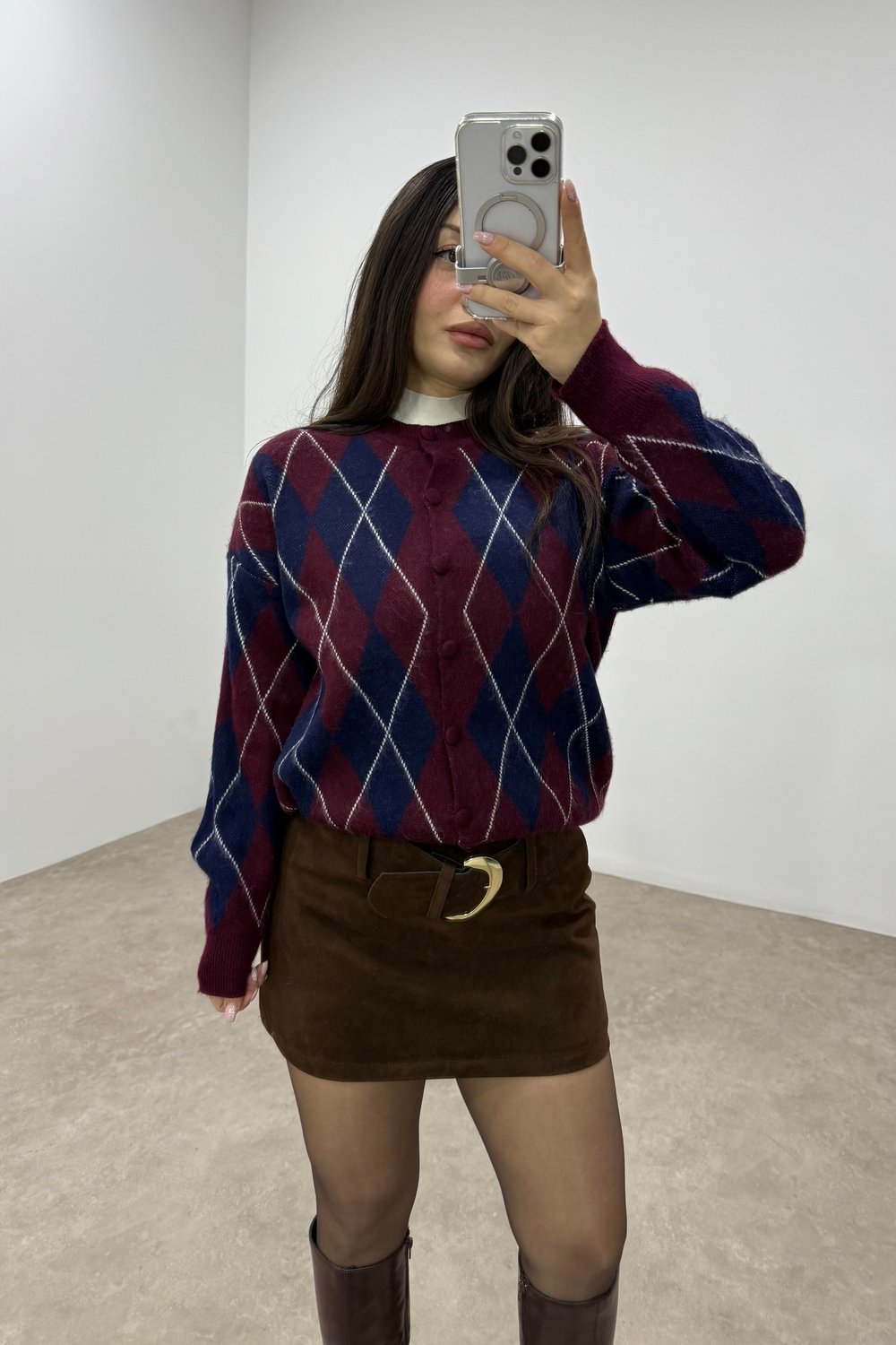 Baklava Desenli Lacivert Bordo Düğmeli Hırka