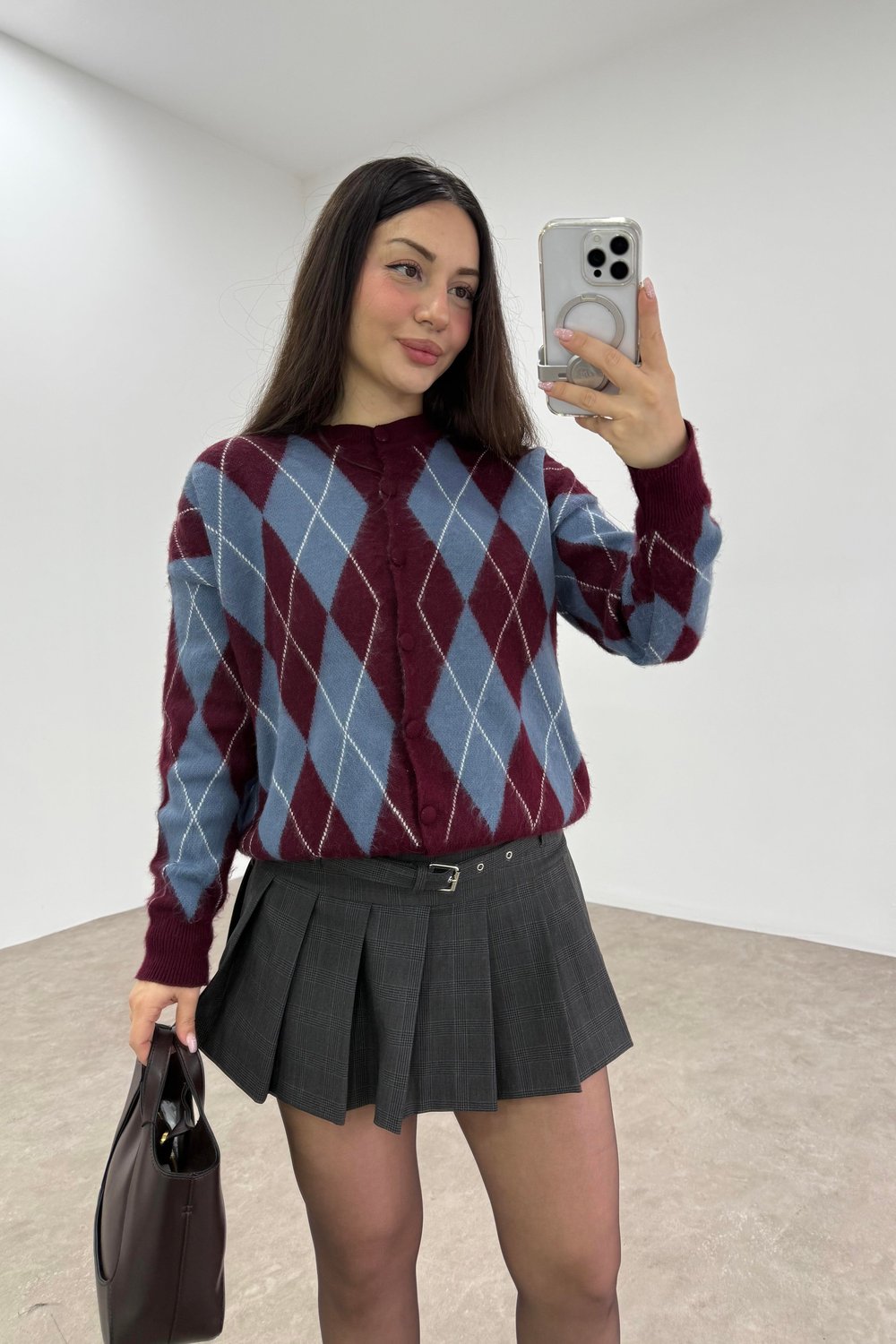 Baklava Desenli Mavi Bordo Düğmeli Hırka