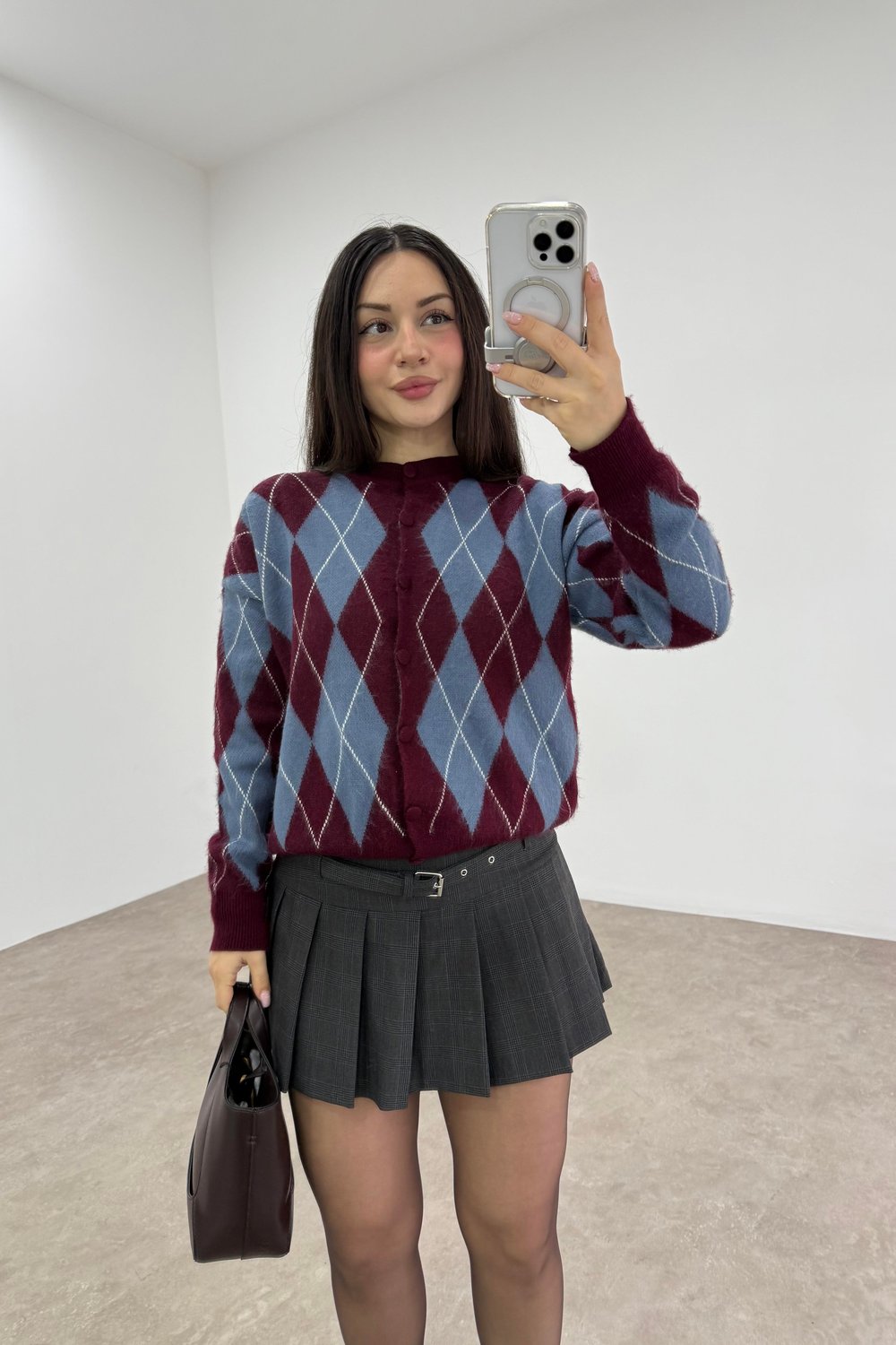 Baklava Desenli Mavi Bordo Düğmeli Hırka