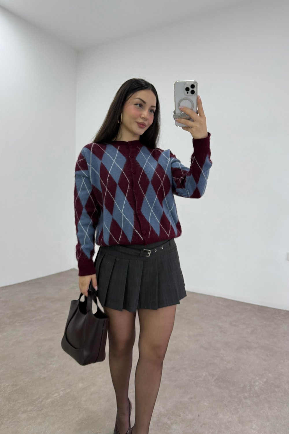 Baklava Desenli Mavi Bordo Düğmeli Hırka