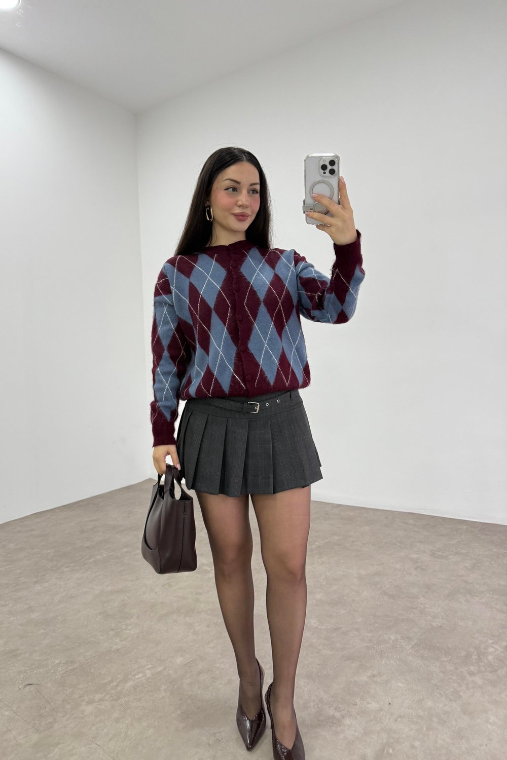 Baklava Desenli Mavi Bordo Düğmeli Hırka