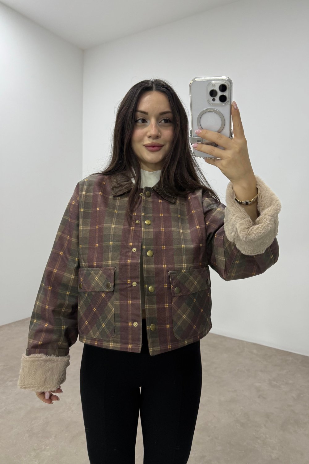 Bordo Ekoseli İçi Polar Kürklü Su Geçirmez Mont