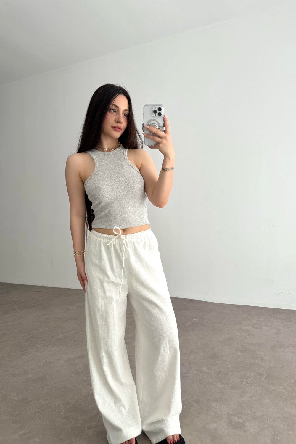 Derin Halter Yaka  Fitilli Atlet Açık Gri