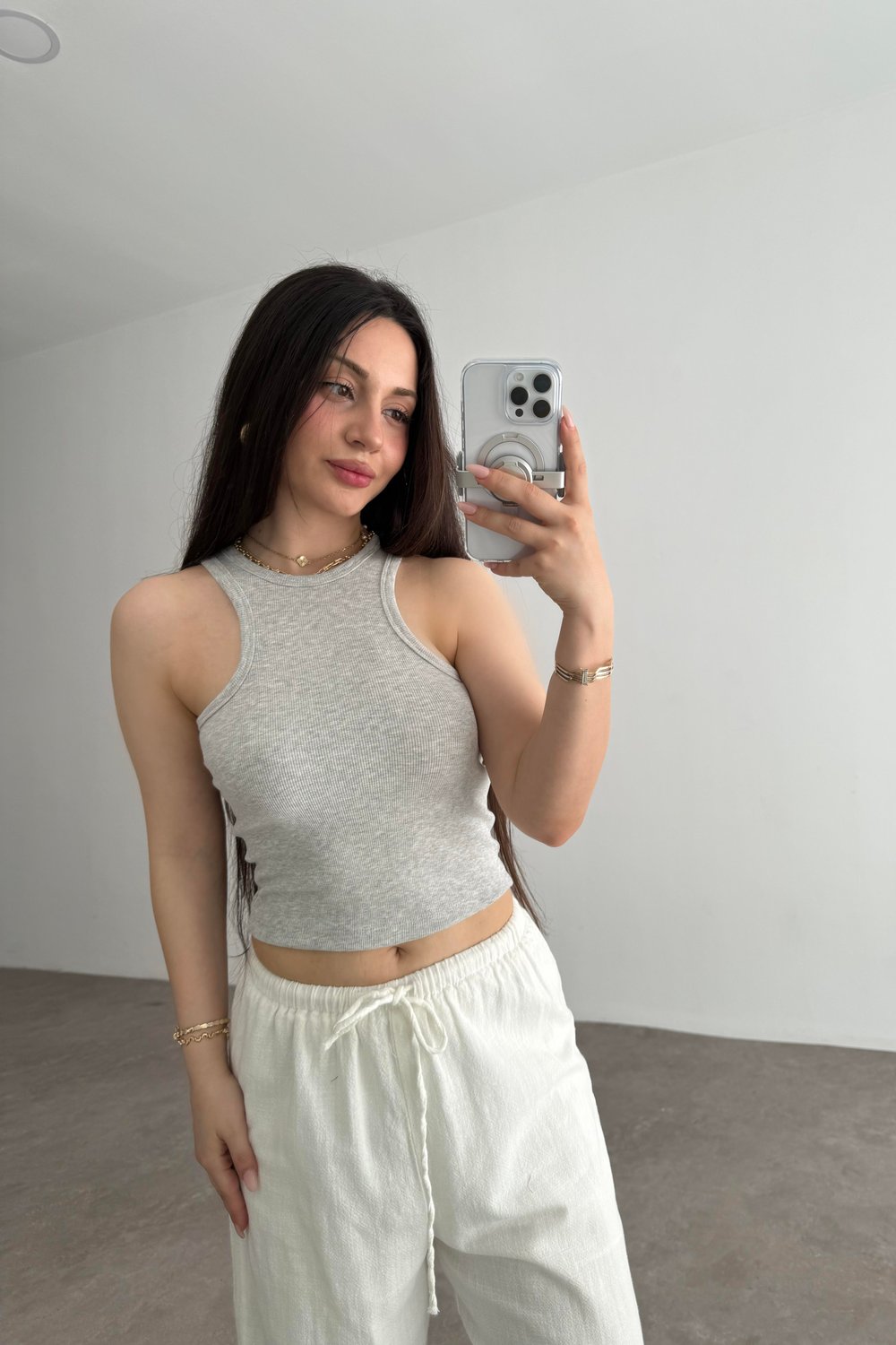 Derin Halter Yaka  Fitilli Atlet Açık Gri