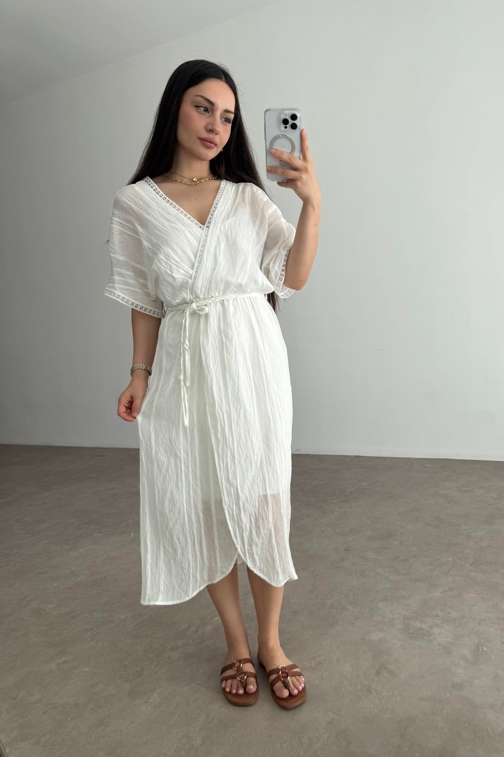 Helenistik Beyaz Midi Elbise