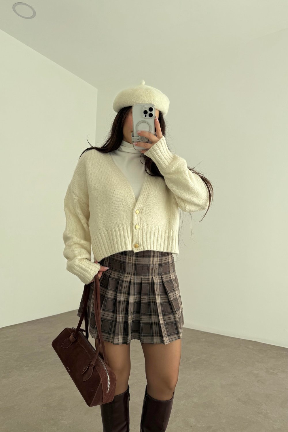 Ekoseli Pileli Kahve Tonlu Mini Etek