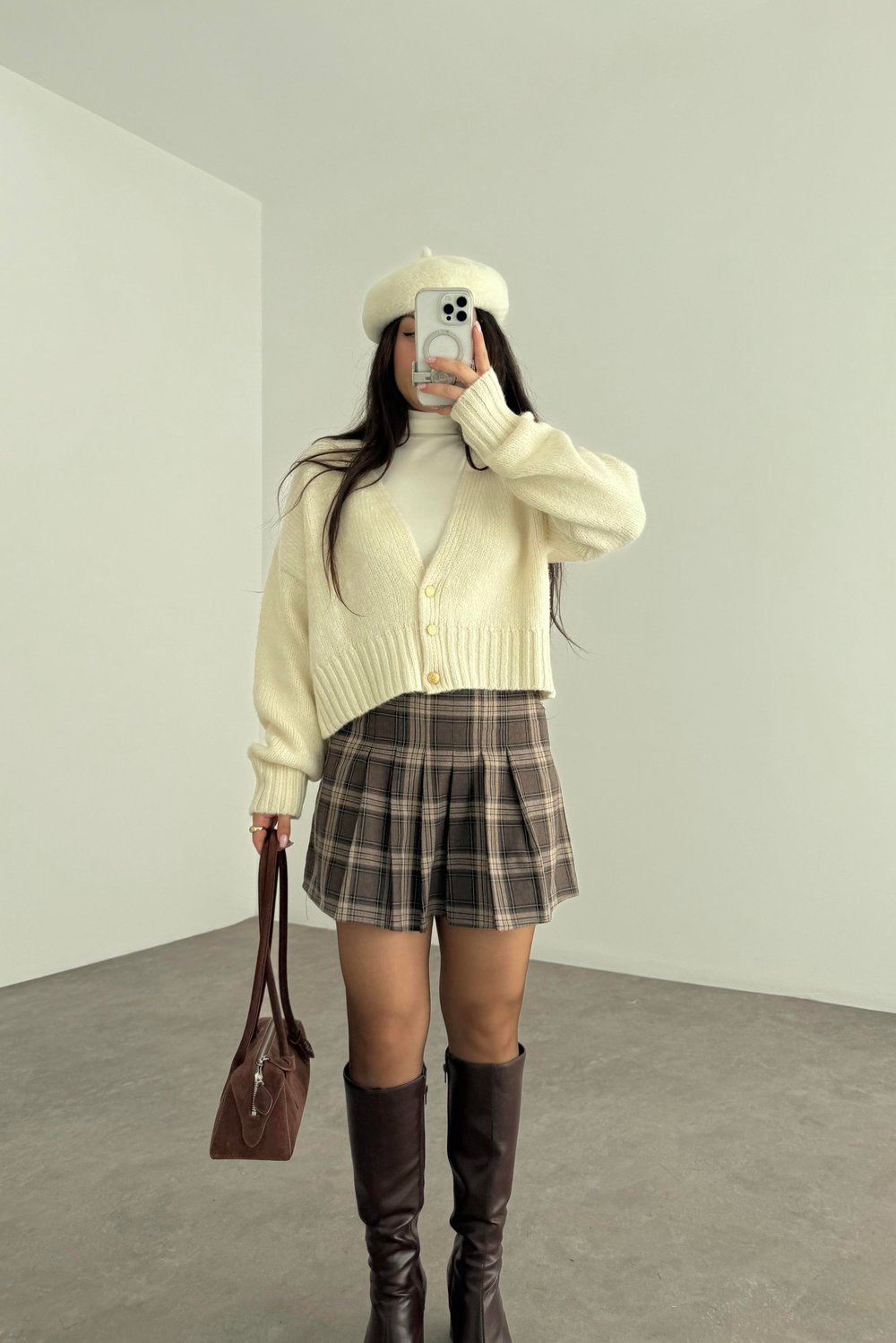 Ekoseli Pileli Kahve Tonlu Mini Etek