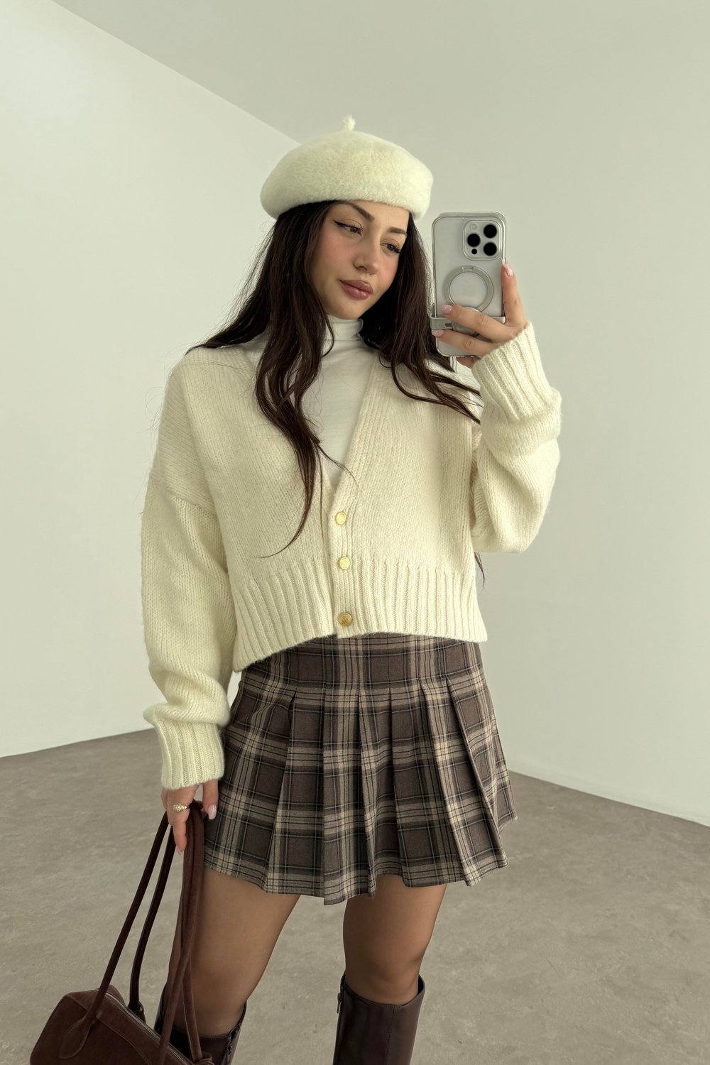 Ekoseli Pileli Kahve Tonlu Mini Etek