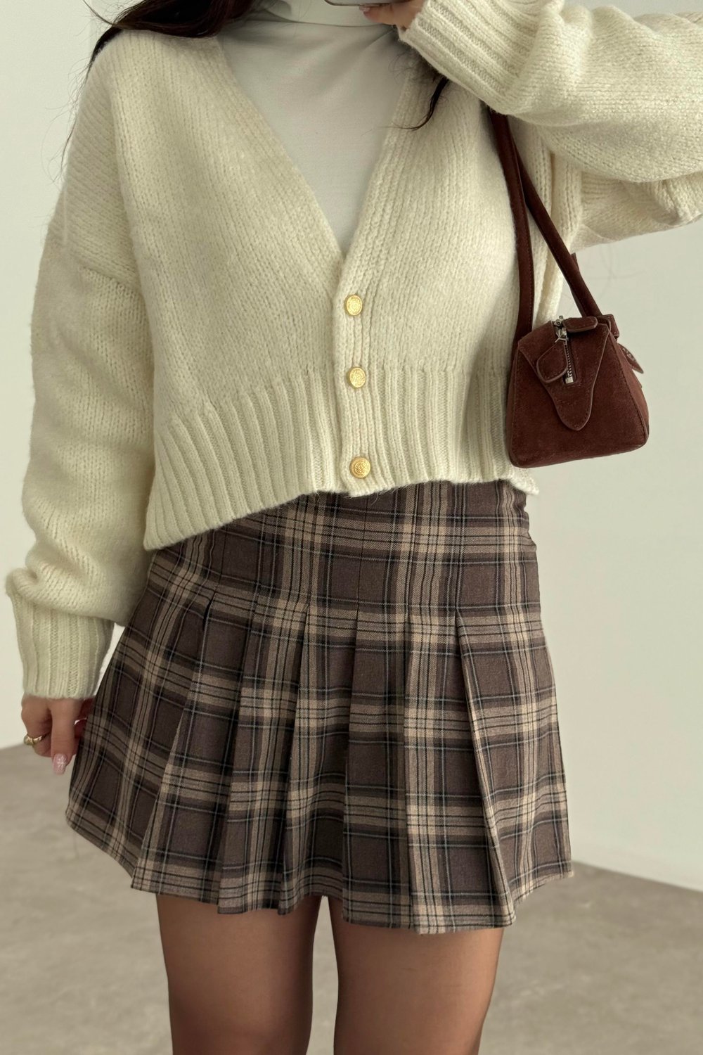 Ekoseli Pileli Kahve Tonlu Mini Etek