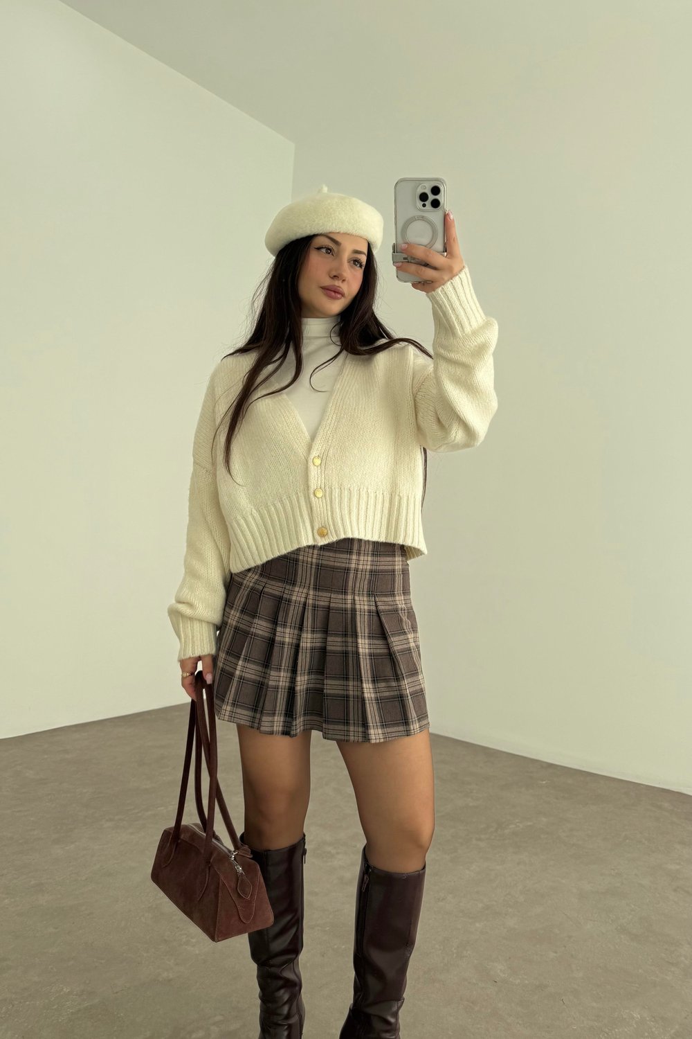 Ekoseli Pileli Kahve Tonlu Mini Etek