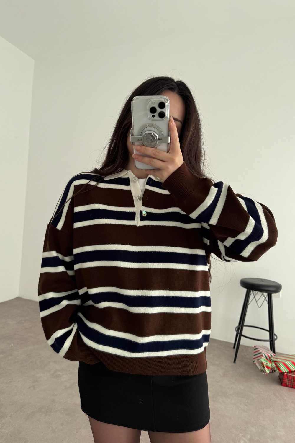 Hailey Lacivert Çizgili Kahve Kazak