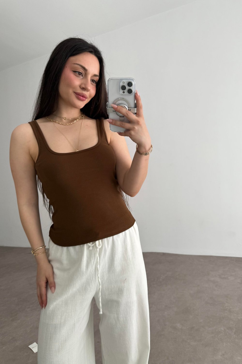 İnce Askılı Biyeli Atlet Kahve