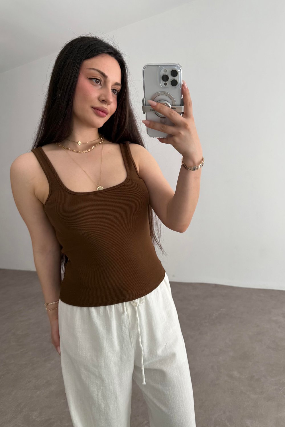 İnce Askılı Biyeli Atlet Kahve