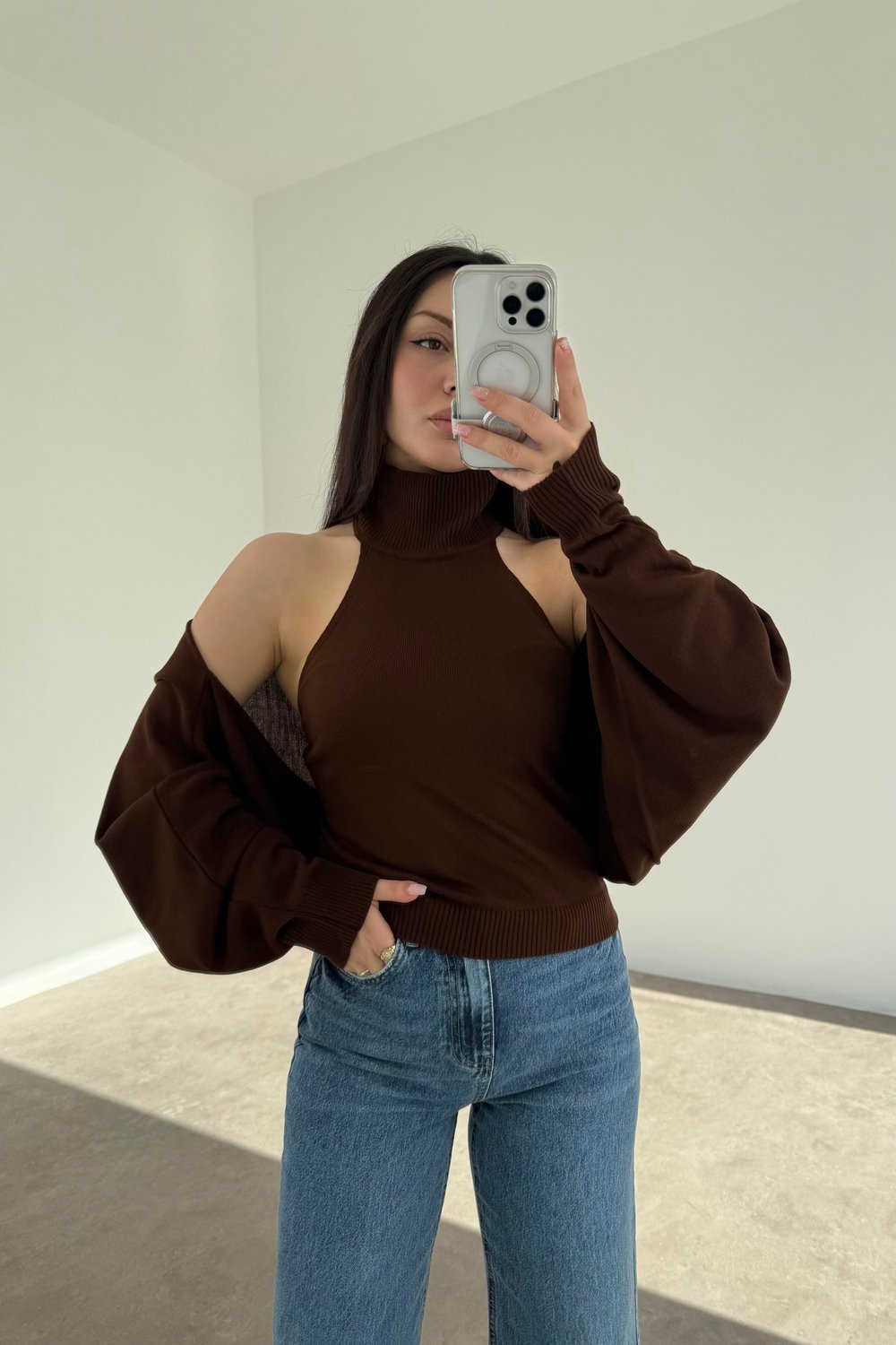 Kahve Halter Kesim Bluzlu Bolerolu Takım Üst