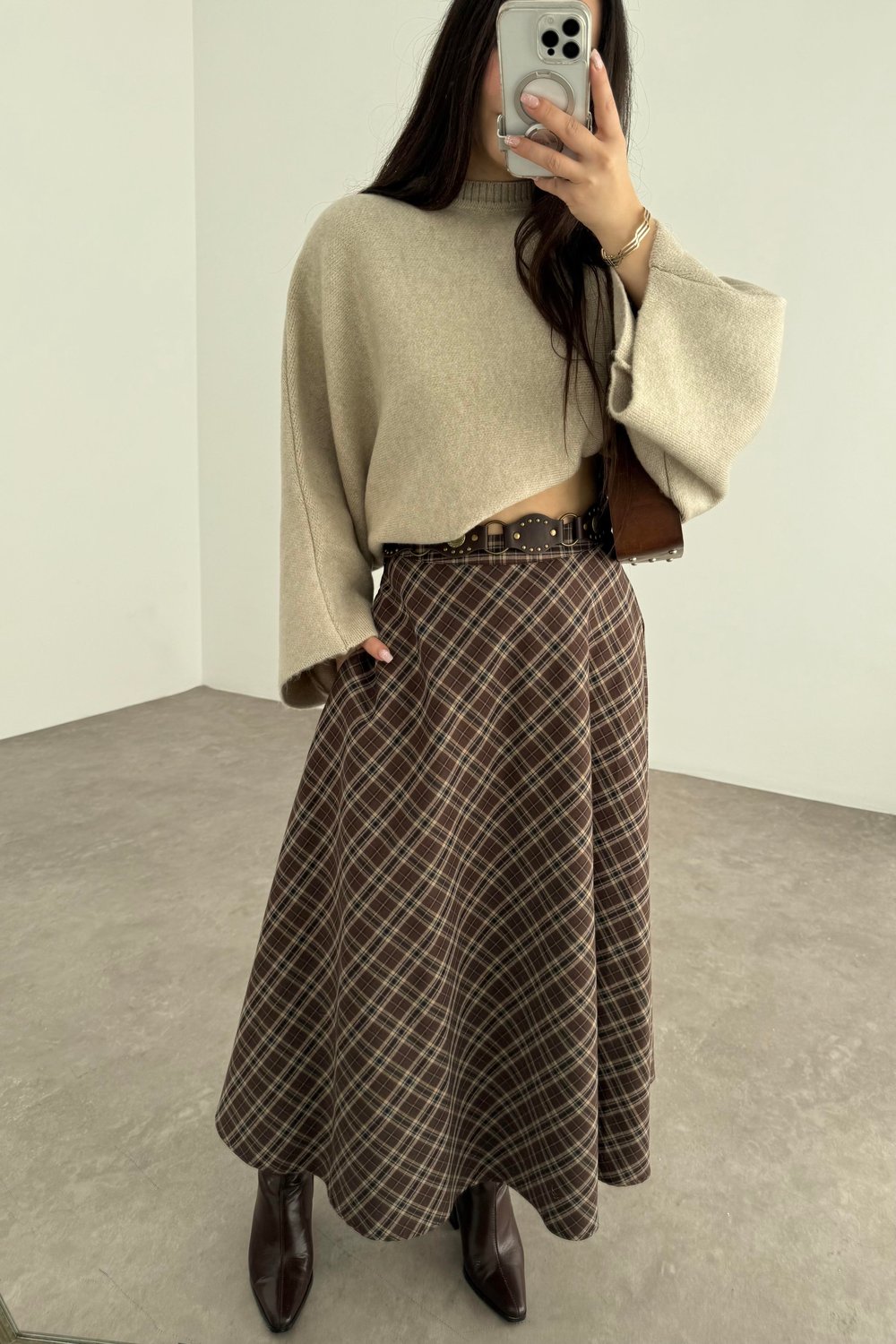 Kahve Tonlu Ekoseli Uzun Etek