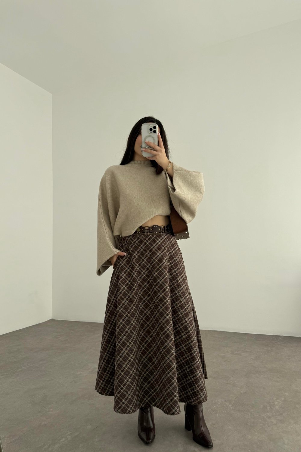 Kahve Tonlu Ekoseli Uzun Etek
