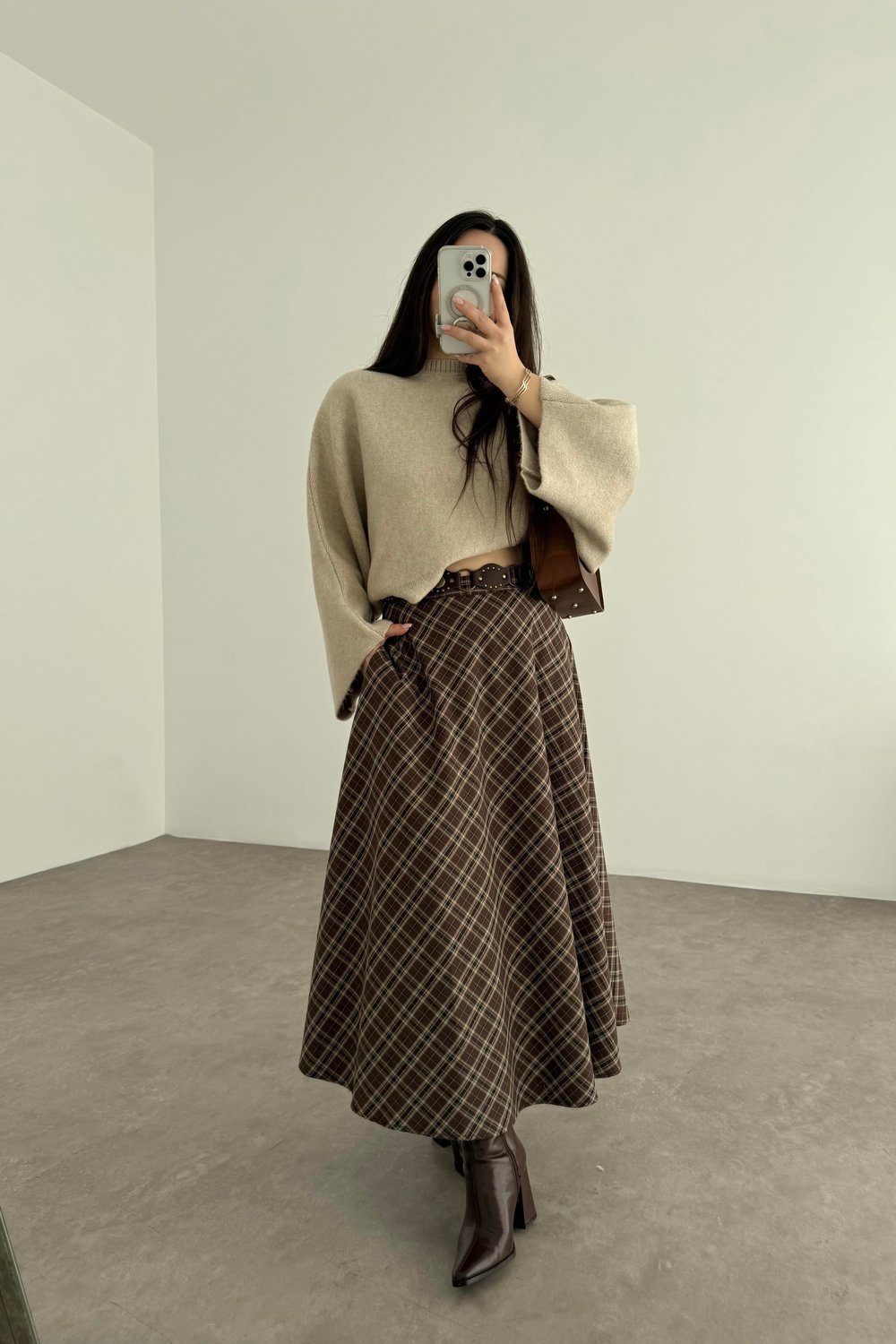 Kahve Tonlu Ekoseli Uzun Etek