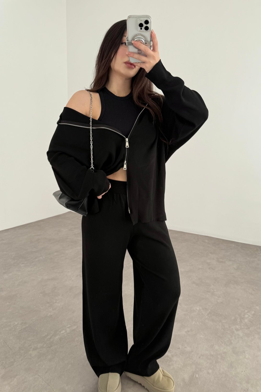 Kapüşonlu Premium Triko Çift Fermuarlı Siyah Takım