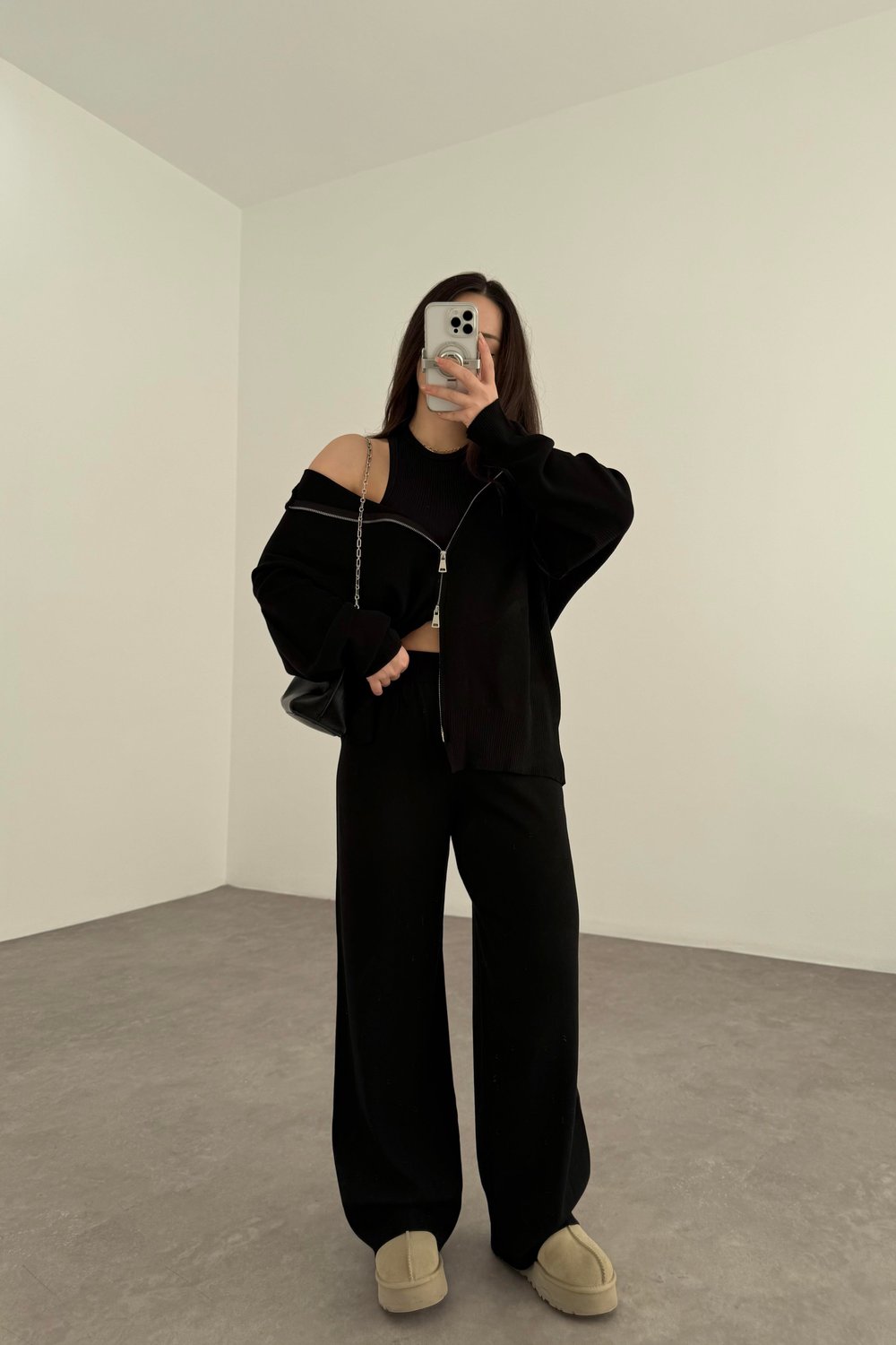 Kapüşonlu Premium Triko Çift Fermuarlı Siyah Takım