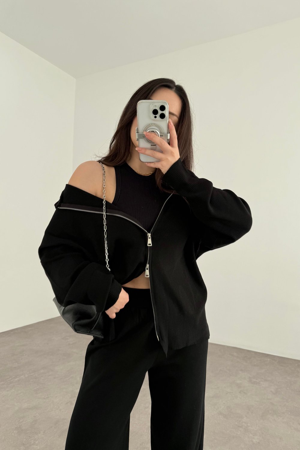 Kapüşonlu Premium Triko Çift Fermuarlı Siyah Takım