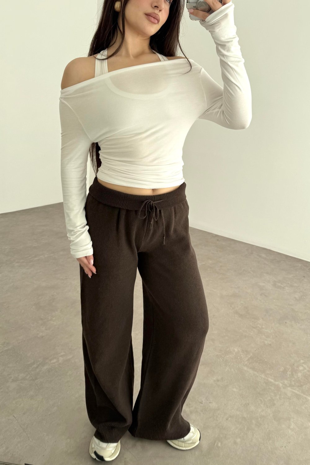 Kayık Yakalı Drapeli Opak Basic Beyaz Body