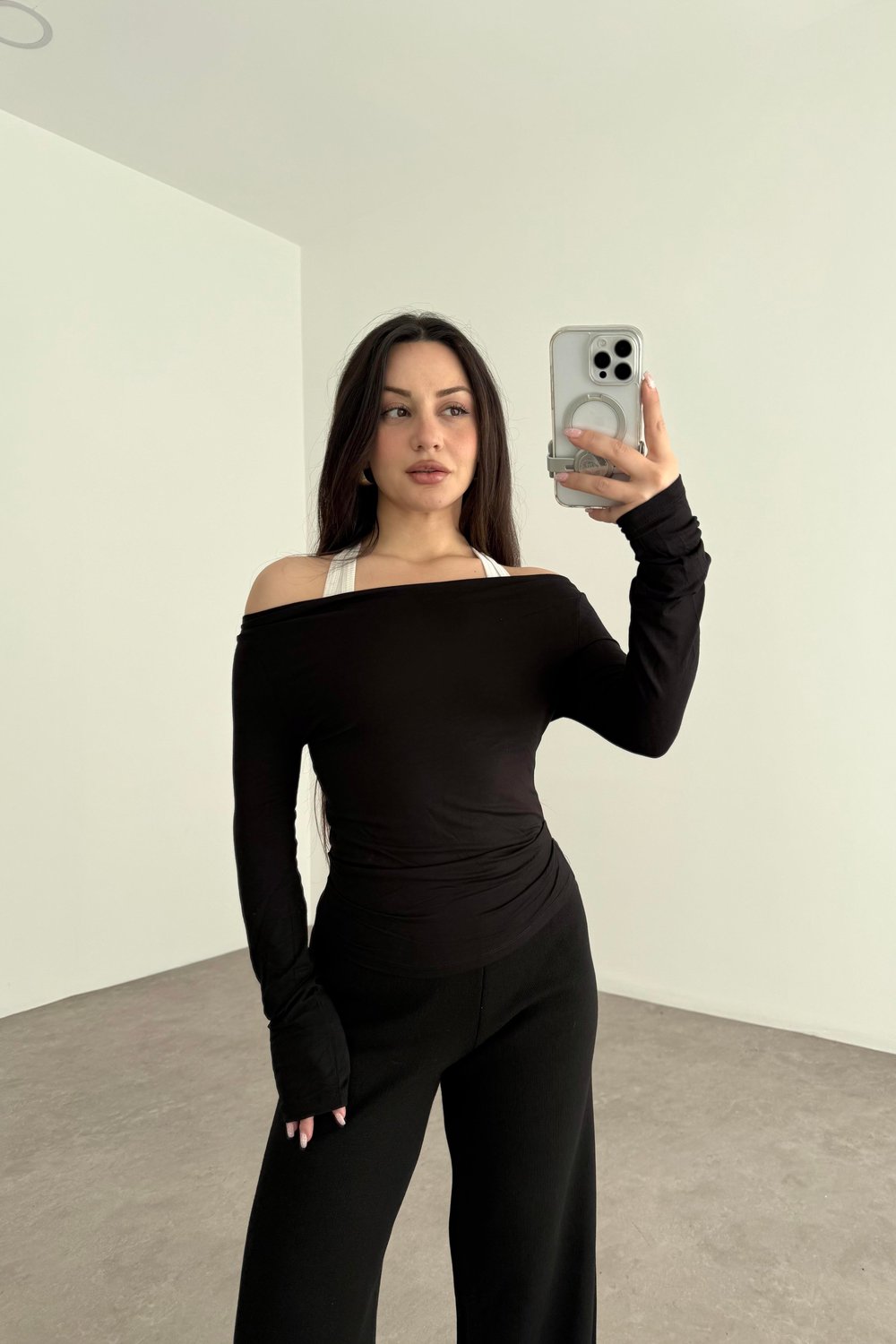 Kayık Yakalı Drapeli Opak Basic Siyah Body