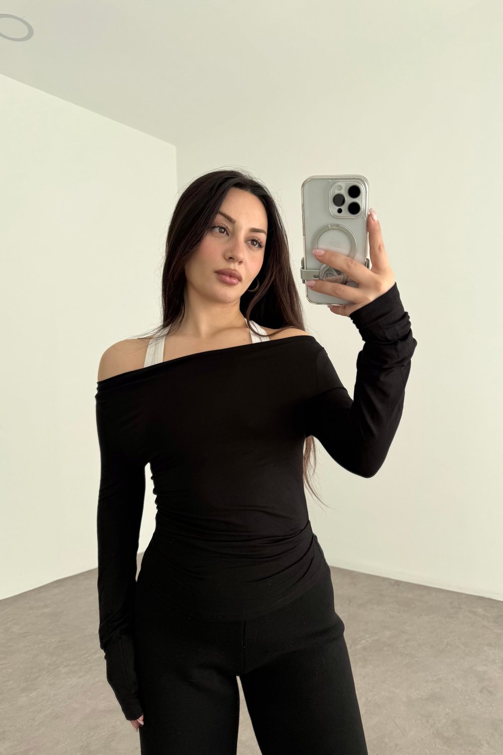 Kayık Yakalı Drapeli Opak Basic Siyah Body