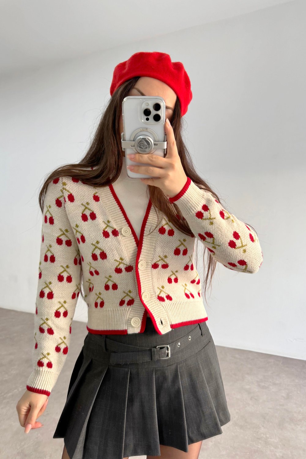 Kiraz Desenli Triko Hırka 