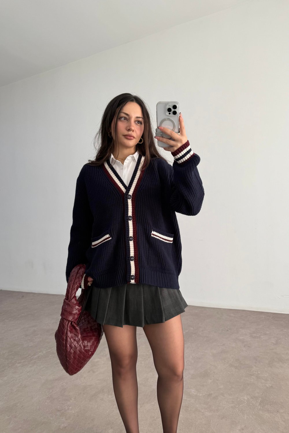 Lacivert Bordo Çizgili Cep Detaylı Hırka