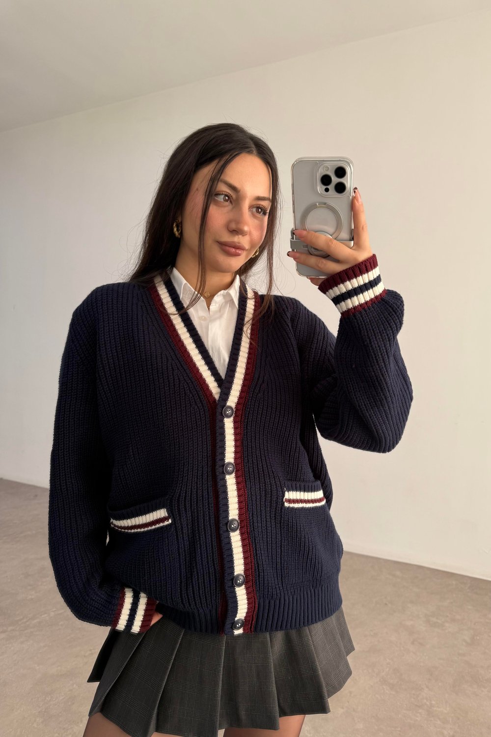 Lacivert Bordo Çizgili Cep Detaylı Hırka