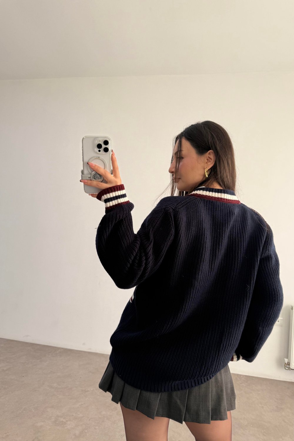 Lacivert Bordo Çizgili Cep Detaylı Hırka