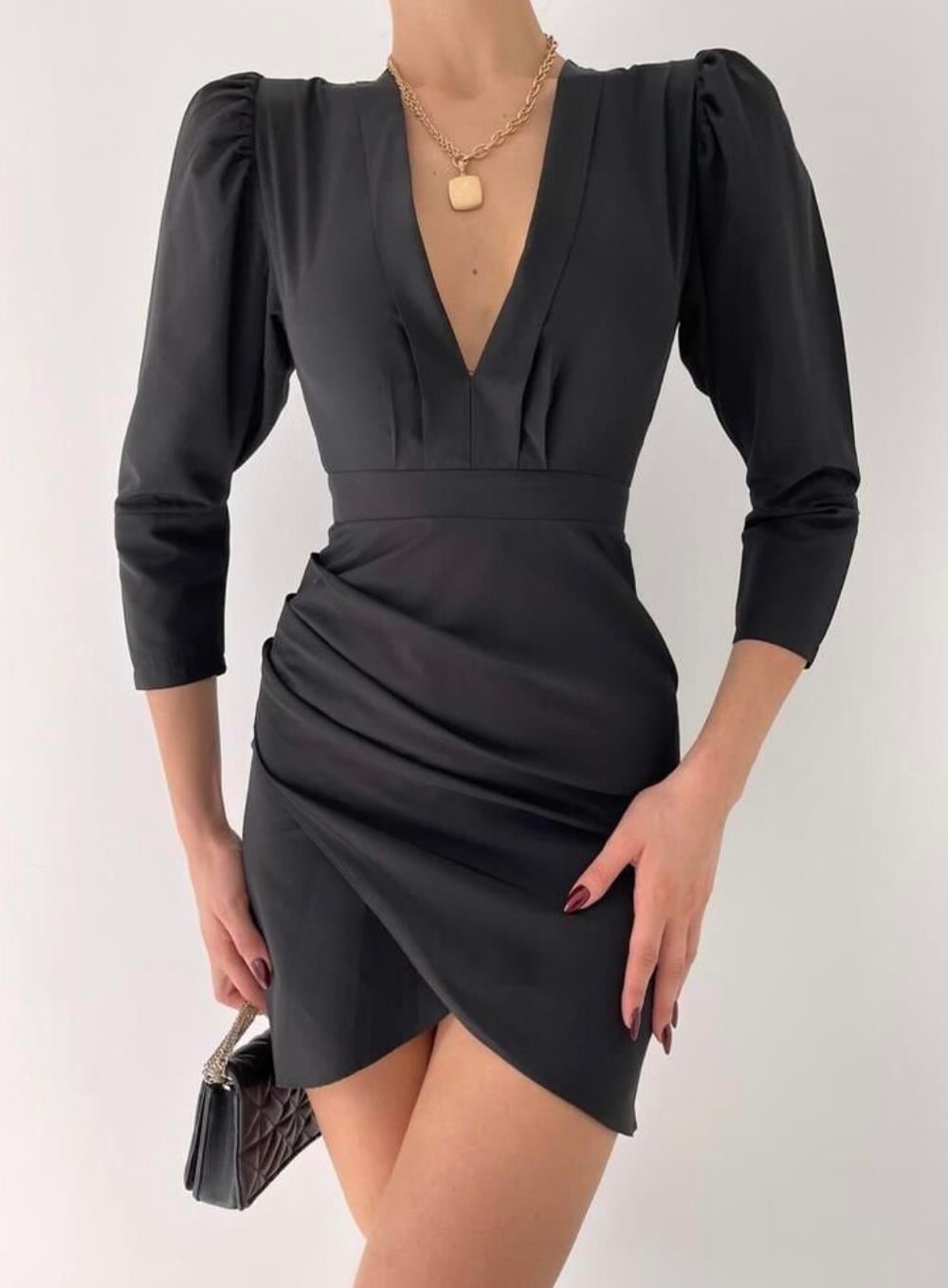 Malefiz Drape Detaylı Siyah Elbise