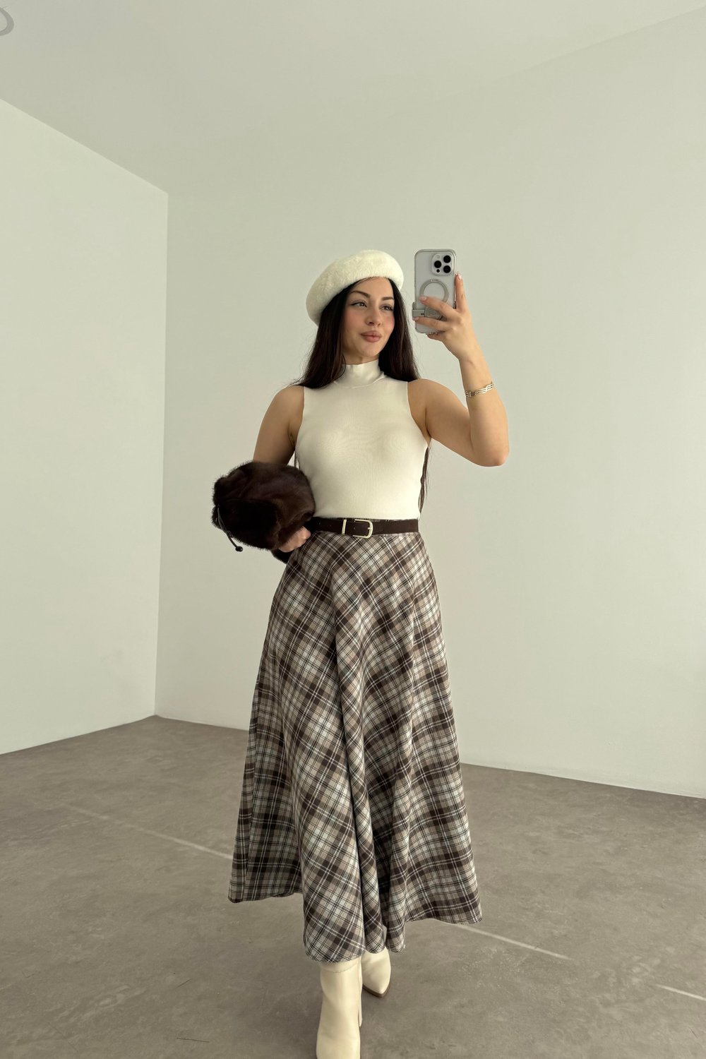 Mavi Kahve Ekoseli Uzun Etek