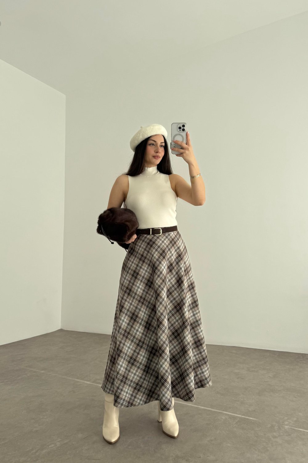 Mavi Kahve Ekoseli Uzun Etek