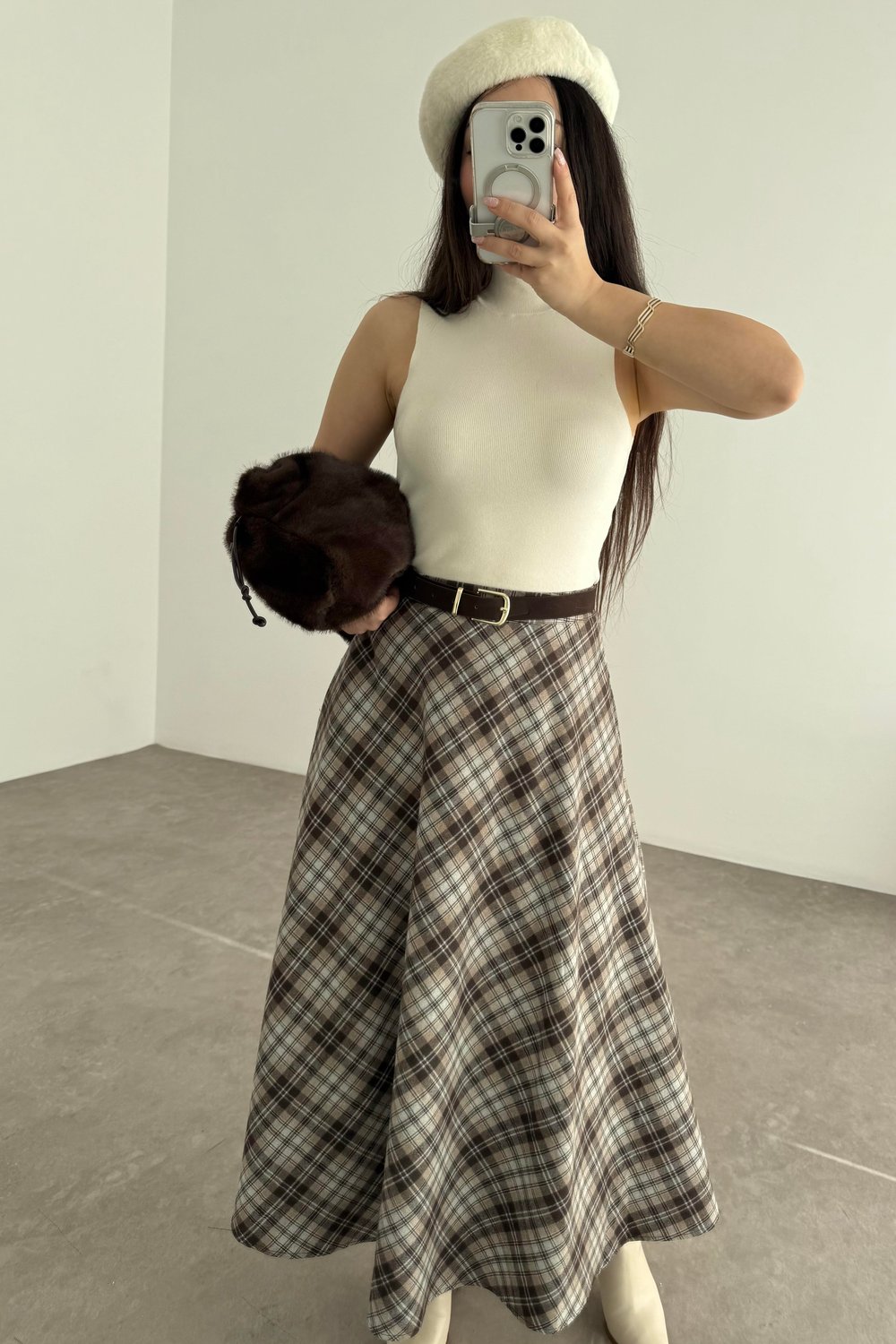 Mavi Kahve Ekoseli Uzun Etek