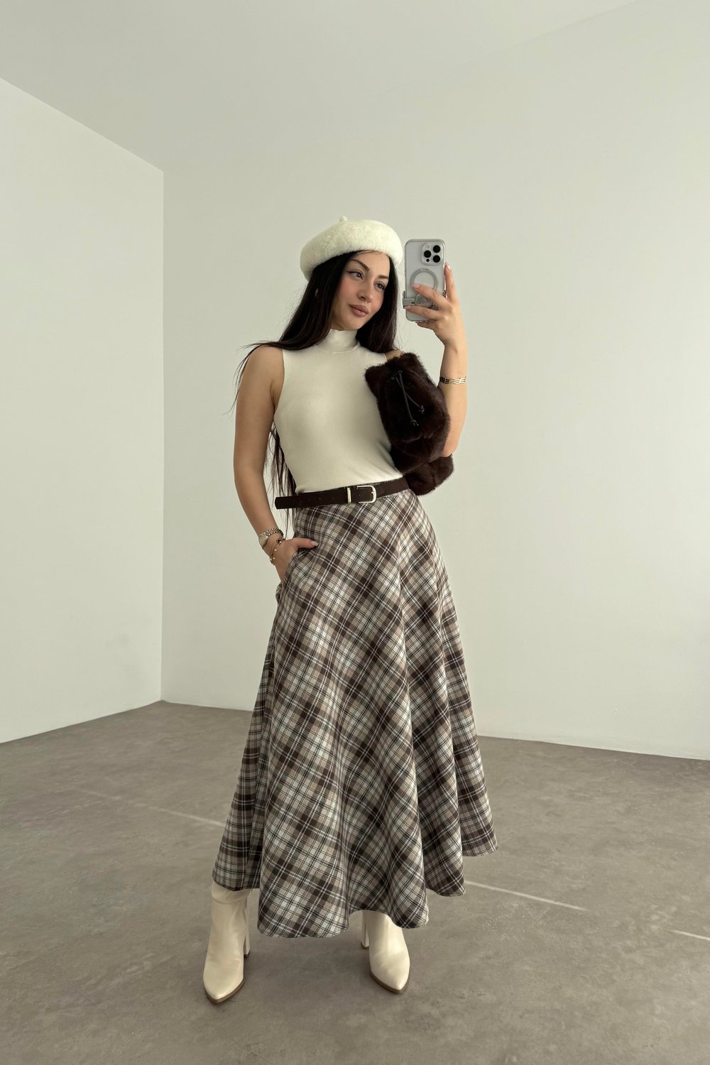 Mavi Kahve Ekoseli Uzun Etek