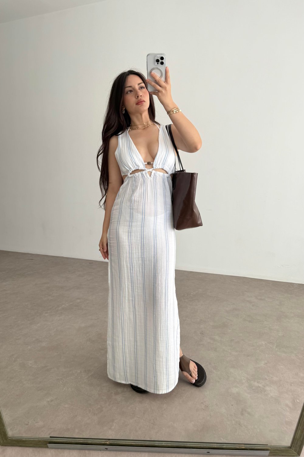 Müslin Çizgili Pencere Detaylı Elbise