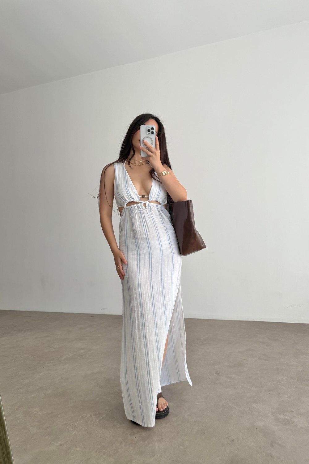 Müslin Çizgili Pencere Detaylı Elbise