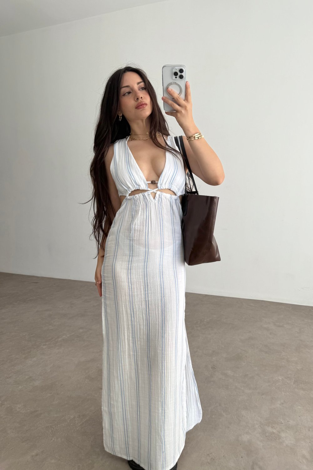Müslin Çizgili Pencere Detaylı Elbise