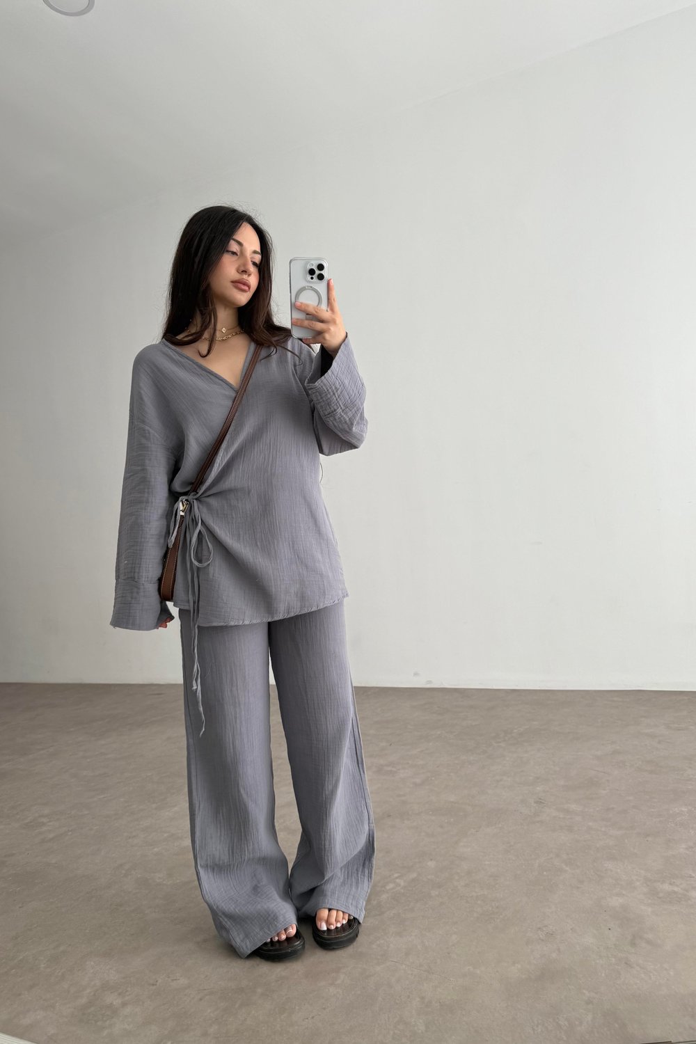 Müslin Kumaş Çapraz Bağlama Kimono Takım İndigo