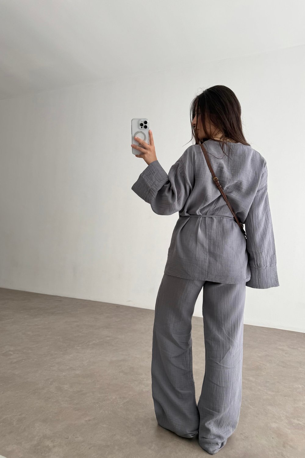 Müslin Kumaş Çapraz Bağlama Kimono Takım İndigo