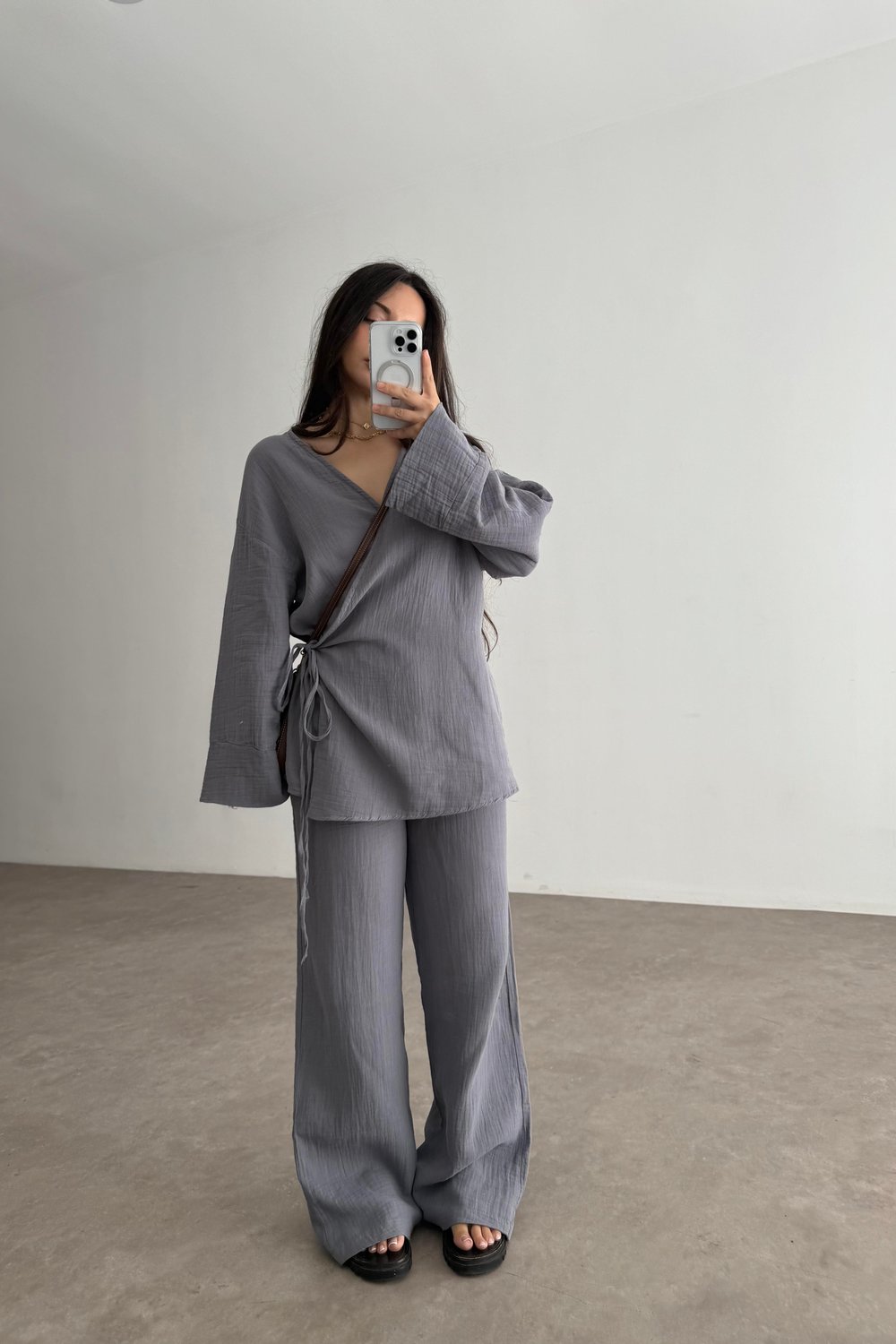 Müslin Kumaş Çapraz Bağlama Kimono Takım İndigo